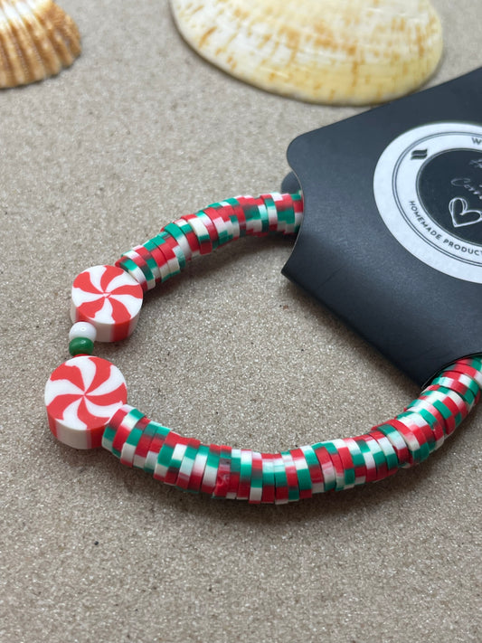 Children's Red Candy Cane Christmas Heishi Bead Bracelet