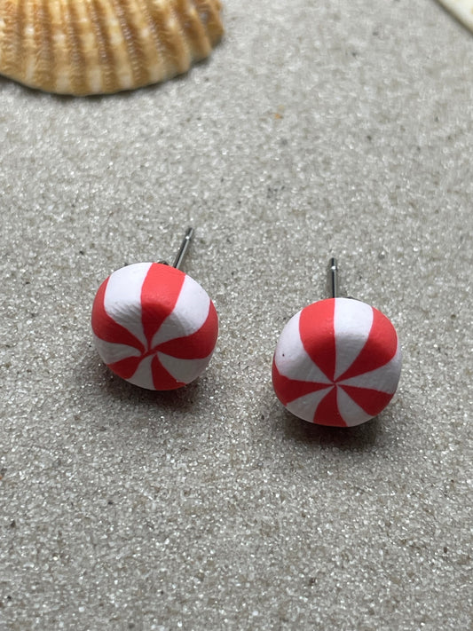 Round Christmas Candy Cane Stud Earrings