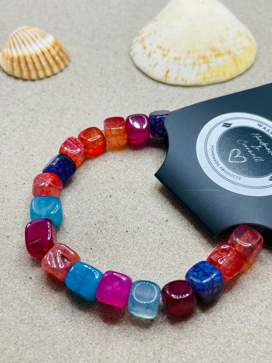 Bright Coloured Natural Agate Cube Bead Bracelet