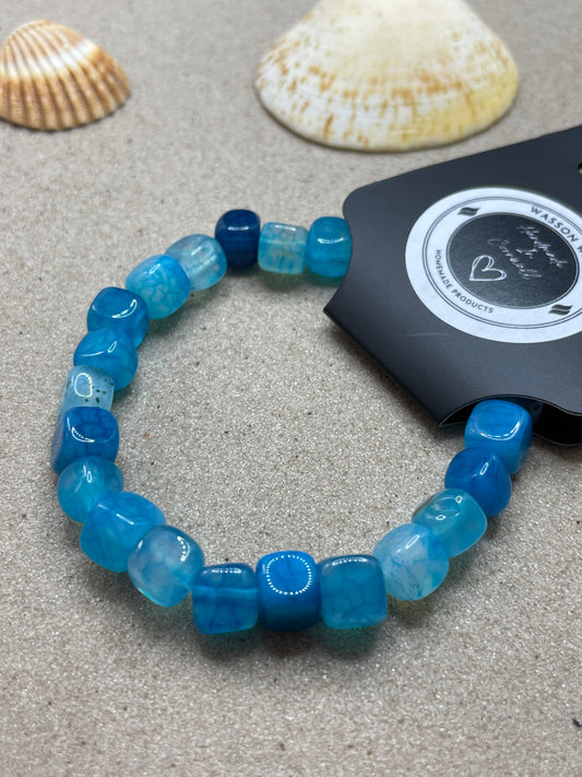 Blue Natural Agate Cube Bead Bracelet