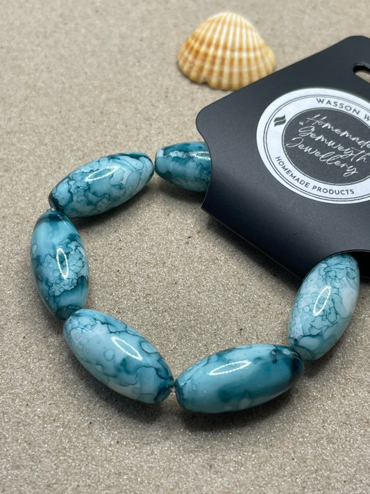 Teal Blue Effect Oval Glass Beaded Bracelet