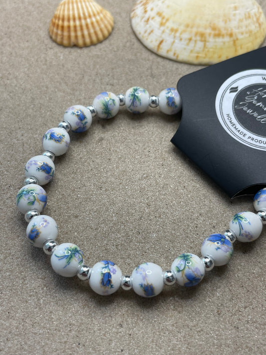 "Glas Blejyowa" Blue Flower Design Porcelain Beaded Design Bracelet